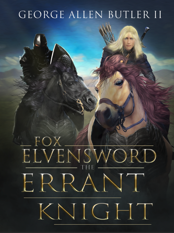 Book cover depicting Fox Elvensword and a dark clad knight on horseback