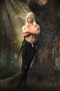 A shirtless Fox Elvensword leans against a tree while sunlight filters through the leaves around him
